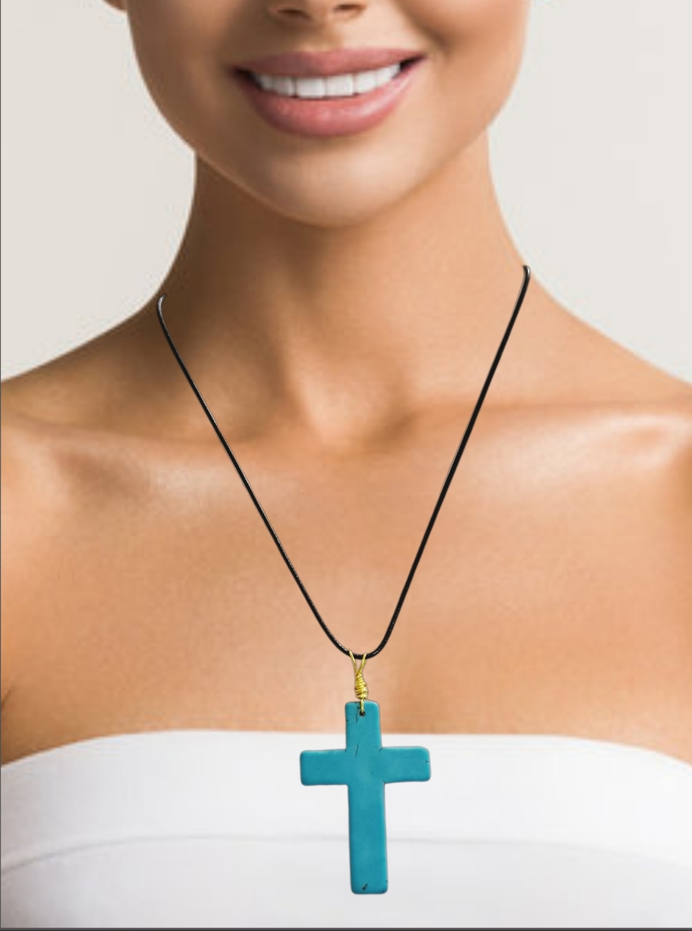 Blue Lab Created Turquoise Cross Pendant with Black Cord Necklace NWOT